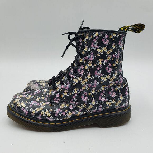 Dr. Martens Floral High Top Boots 8 Womens Docs Leather Lace Up Purple - Picture 2 of 11